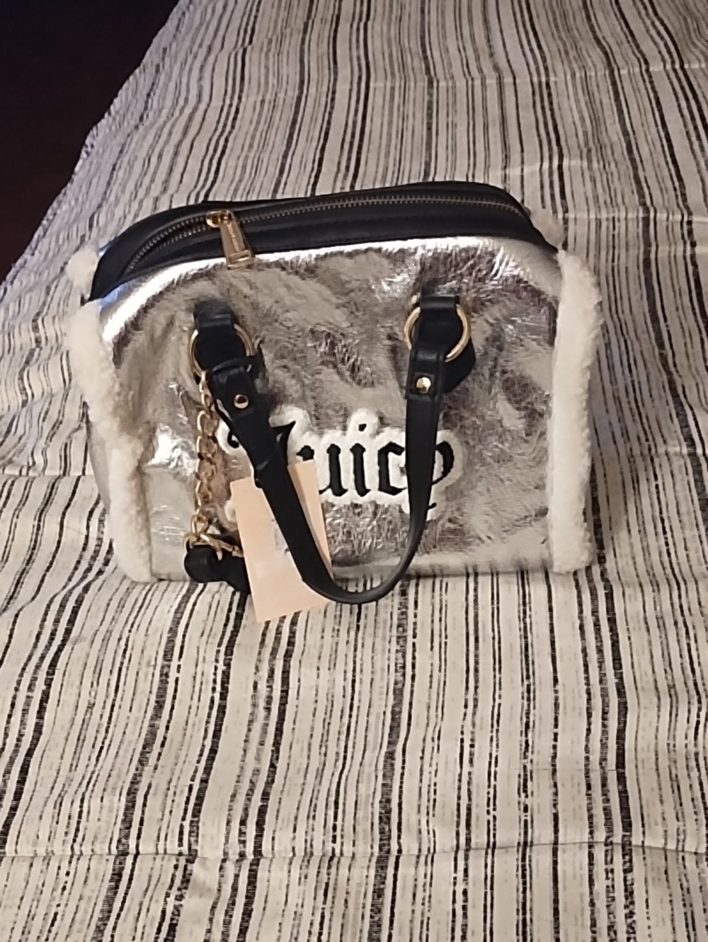 Juicy Couture Silver Faux-Shearling Mini Satchel with Black Handles